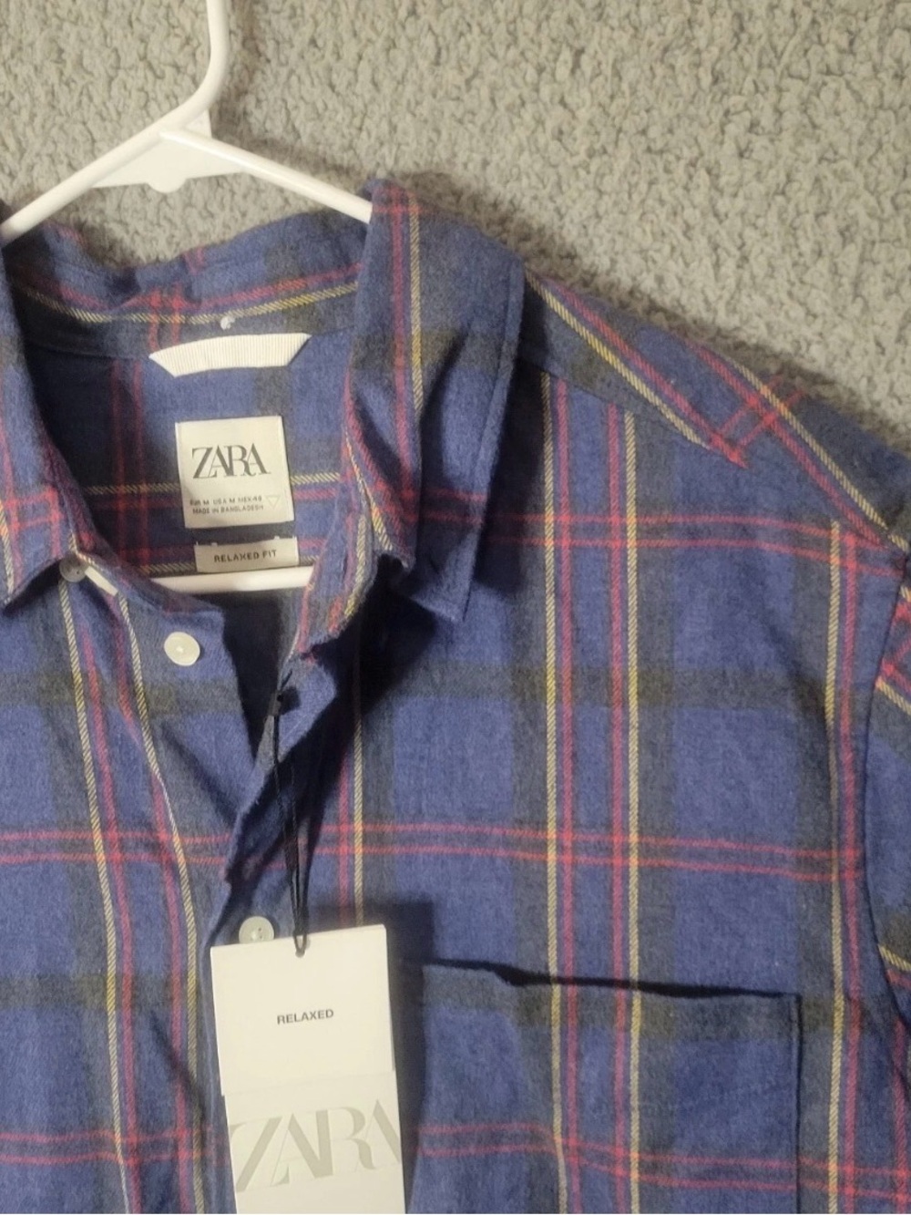 Zara Men Blue Plaid Button-Down Shirt with Red Accents
